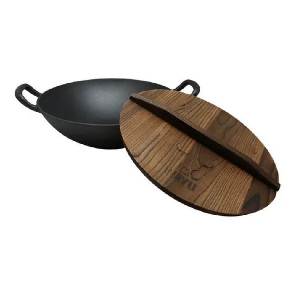 Disco Wok de hierro funfido con tapa de madera